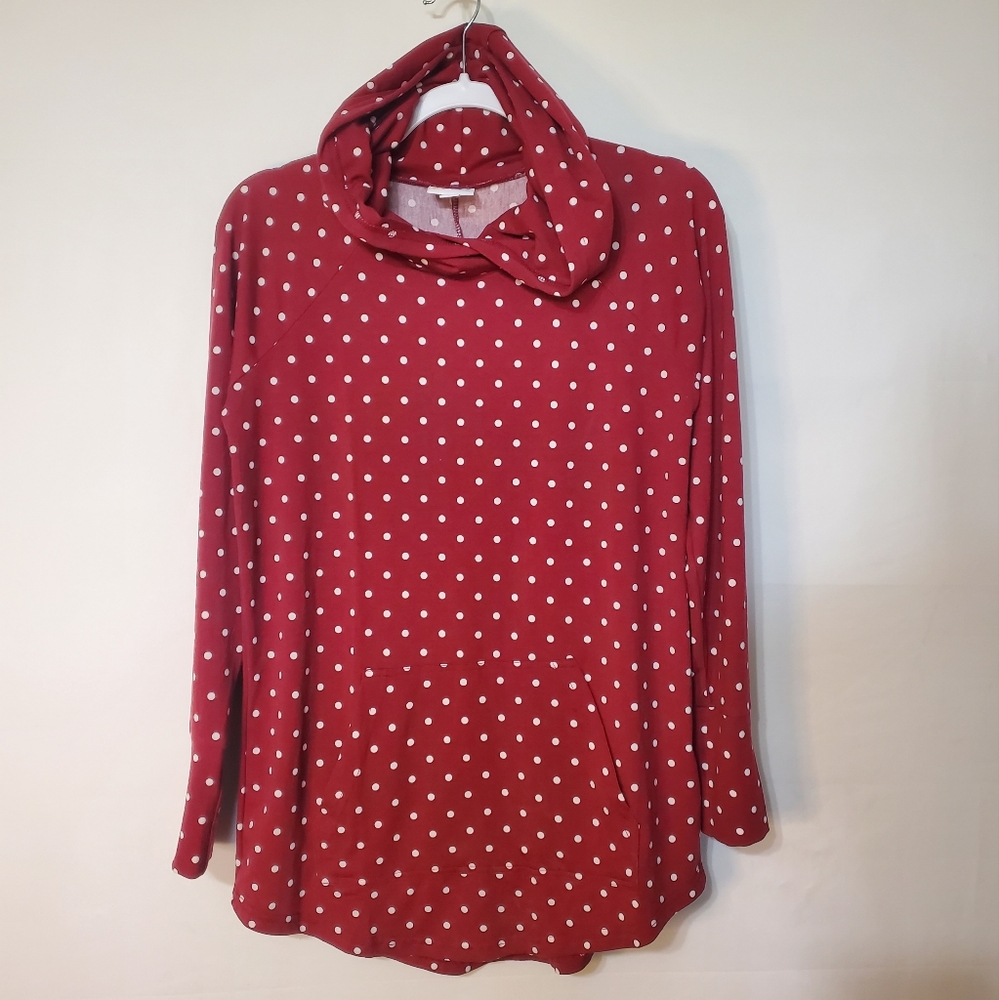 Lularoe Amber Size Small Hooded Top Burgundy White Polka-dots Kangaroo Pocket